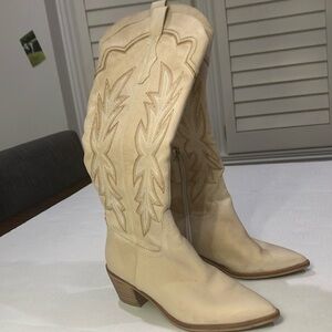 Dolce Vita Cream Heeled Boots with Western Stitching